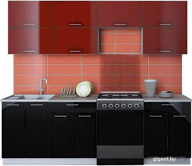 Кухня Интерлиния Мила Gloss 60-24 (бордовый/черный)
